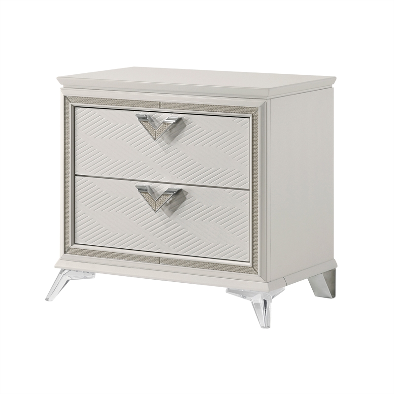 Dery Nightstand- 2 Drawers Chrome Triangle Handles- Gold White Wood