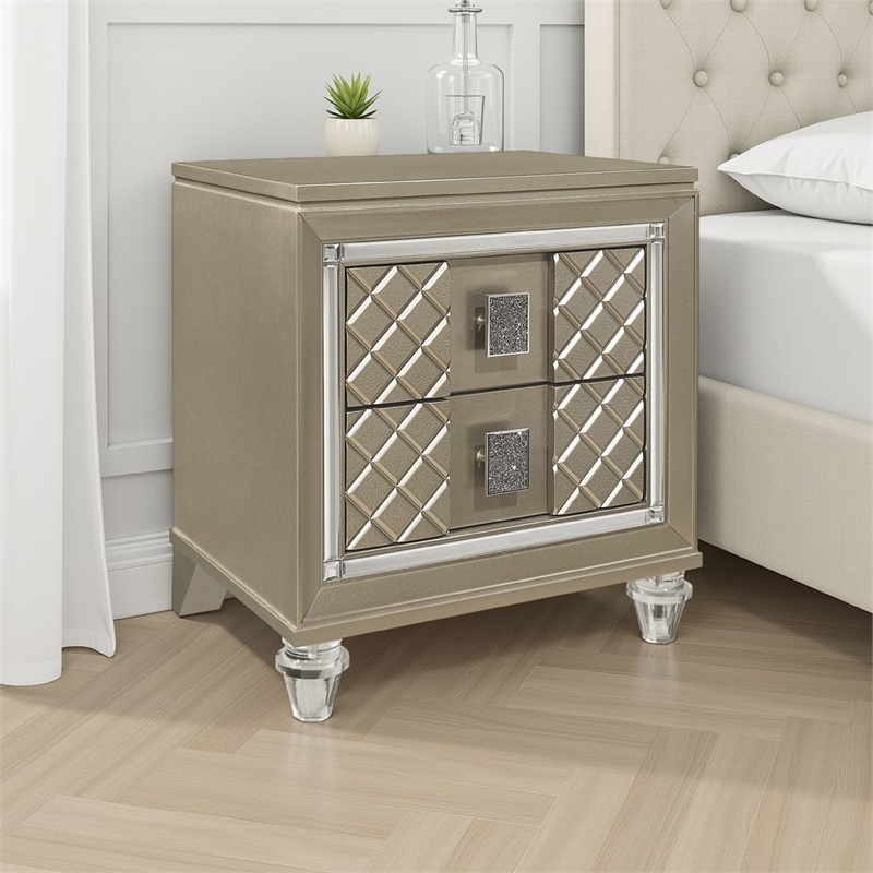 Loy Nightstand- 2 Drawers- Champagne Gold Metallic- Mirror Trim