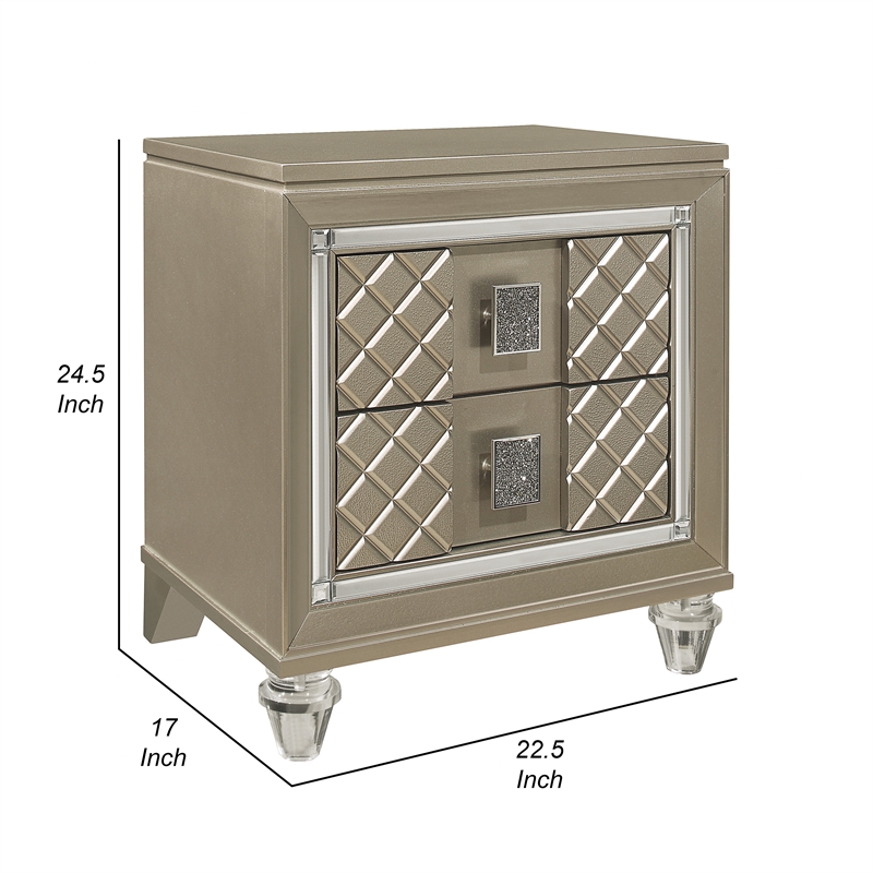 Loy Nightstand- 2 Drawers- Champagne Gold Metallic- Mirror Trim