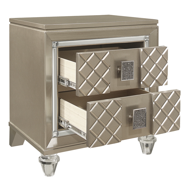 Loy Nightstand- 2 Drawers- Champagne Gold Metallic- Mirror Trim