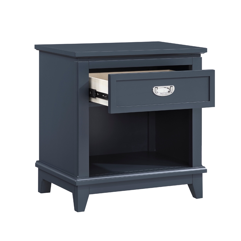 Sely Nightstand- 1 Drawer w Open Cubby- Navy Blue Wood- Ring Handle