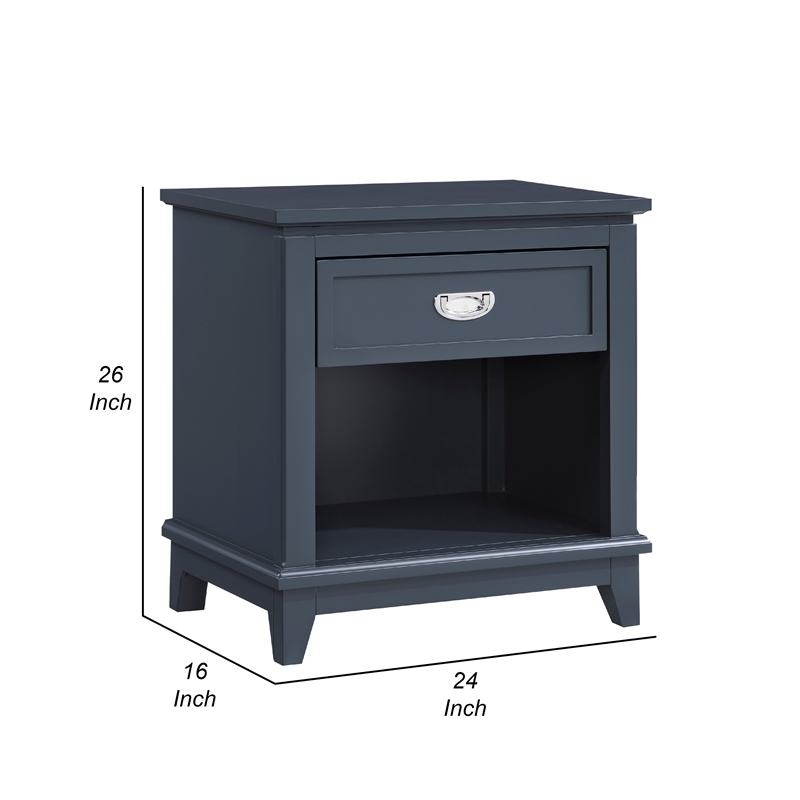 Sely Nightstand- 1 Drawer w Open Cubby- Navy Blue Wood- Ring Handle