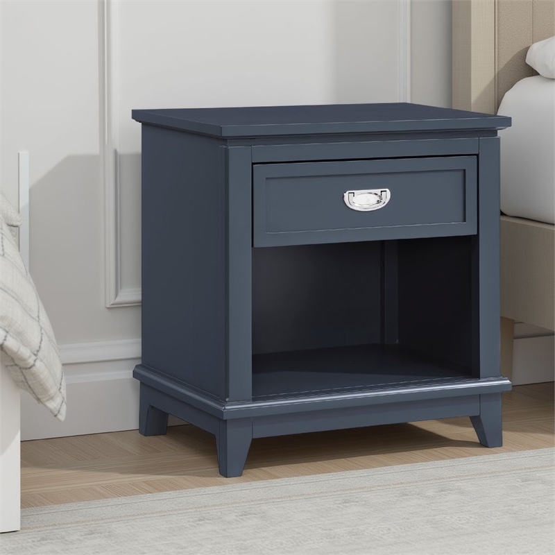 Sely Nightstand- 1 Drawer w Open Cubby- Navy Blue Wood- Ring Handle