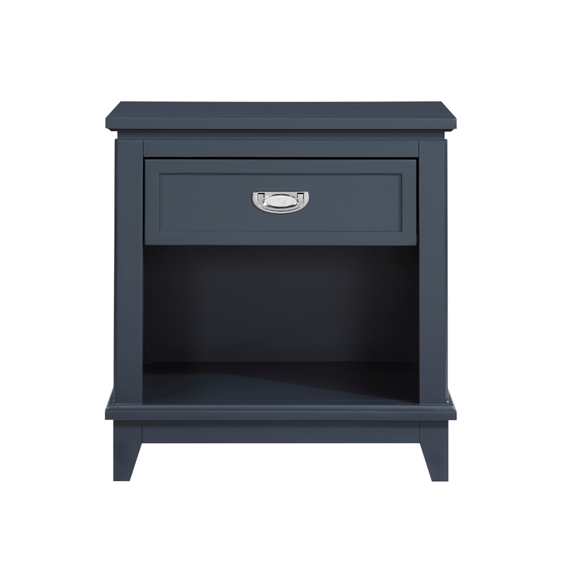 Sely Nightstand- 1 Drawer w Open Cubby- Navy Blue Wood- Ring Handle