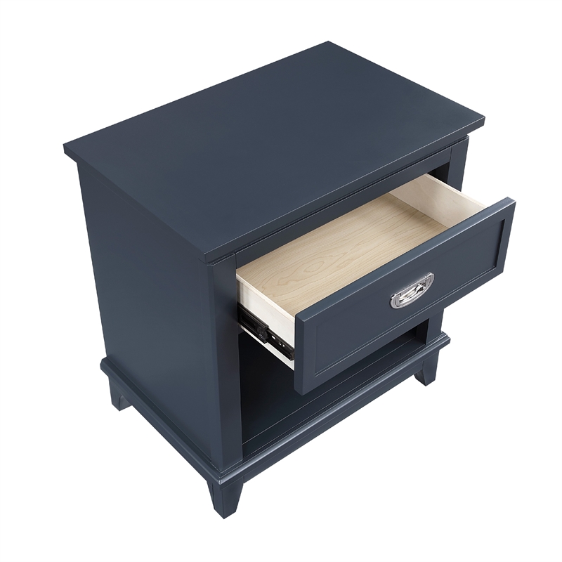 Sely Nightstand- 1 Drawer w Open Cubby- Navy Blue Wood- Ring Handle
