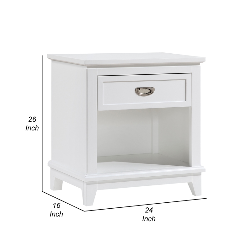 Sely Nightstand- 1 Drawer w Open Cubby- White Wood- Ring Handle