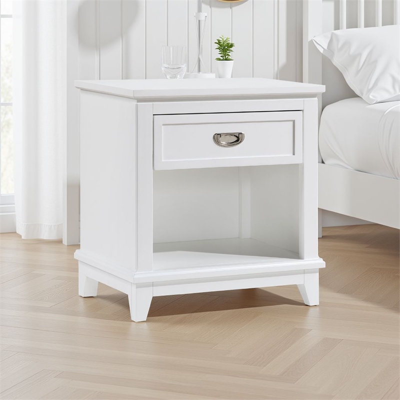 Sely Nightstand- 1 Drawer w Open Cubby- White Wood- Ring Handle