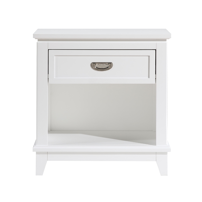 Sely Nightstand- 1 Drawer w Open Cubby- White Wood- Ring Handle