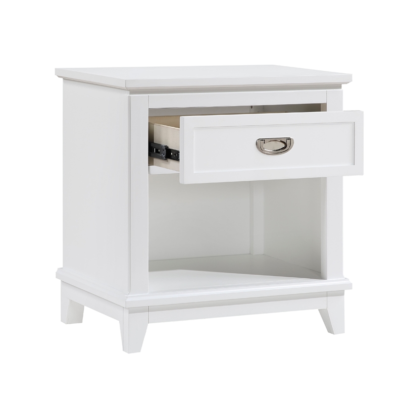 Sely Nightstand- 1 Drawer w Open Cubby- White Wood- Ring Handle