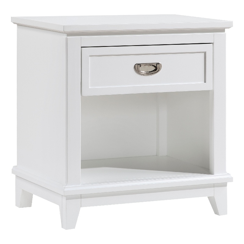 Sely Nightstand- 1 Drawer w Open Cubby- White Wood- Ring Handle