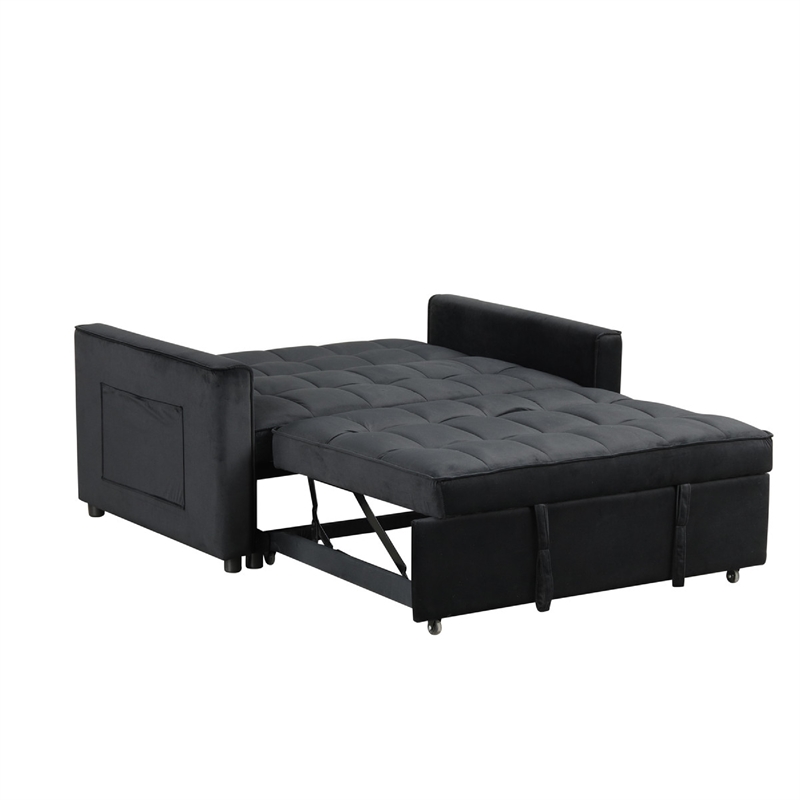 Marve Convertible Sleeper Loveseat- Side Pockets- Black Velvet 54 Inch