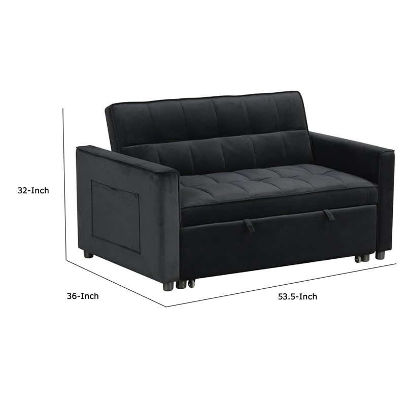 Marve Convertible Sleeper Loveseat- Side Pockets- Black Velvet 54 Inch