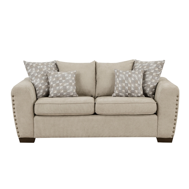 Gini 70 Inch Loveseat- 6 Pillows- Nailhead Trim- Brown Chenille- Solid Wood