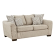 Gini 70 Inch Loveseat- 6 Pillows- Nailhead Trim- Brown Chenille- Solid Wood