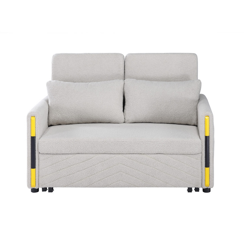 Pcy 56 Inch Sleeper Loveseat with Side Pockets- Beige Teddy Velvet- Wood