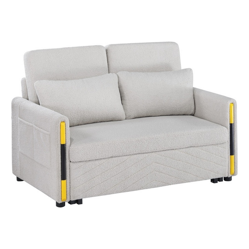 Pcy 56 Inch Sleeper Loveseat with Side Pockets- Beige Teddy Velvet- Wood