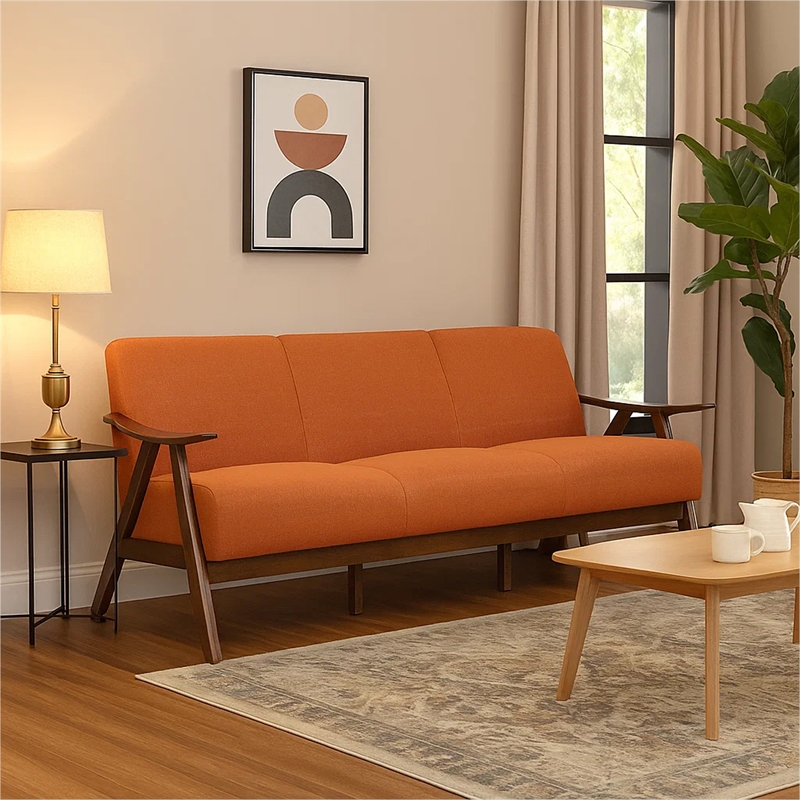 Indy 73 Inch Sofa- Brown Wood Angled Frame- Cozy Textured Orange Fabric
