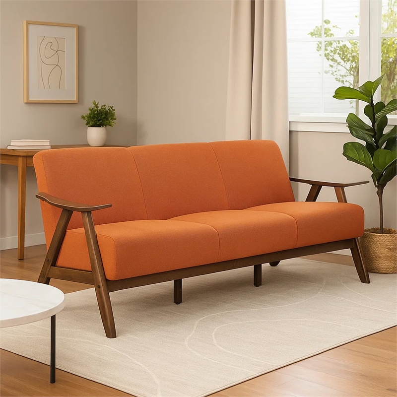 Indy 73 Inch Sofa- Brown Wood Angled Frame- Cozy Textured Orange Fabric