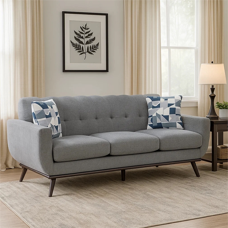 Keto 87 Inch Sofa- Gray Chenille- 2 Throw Pillows- Brown Solid Wood