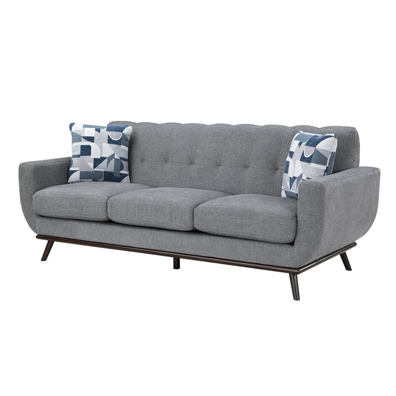 Keto 87 Inch Sofa- Gray Chenille- 2 Throw Pillows- Brown Solid Wood
