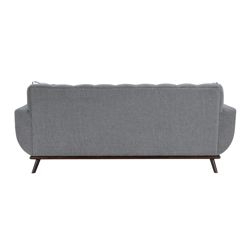 Keto 87 Inch Sofa- Gray Chenille- 2 Throw Pillows- Brown Solid Wood