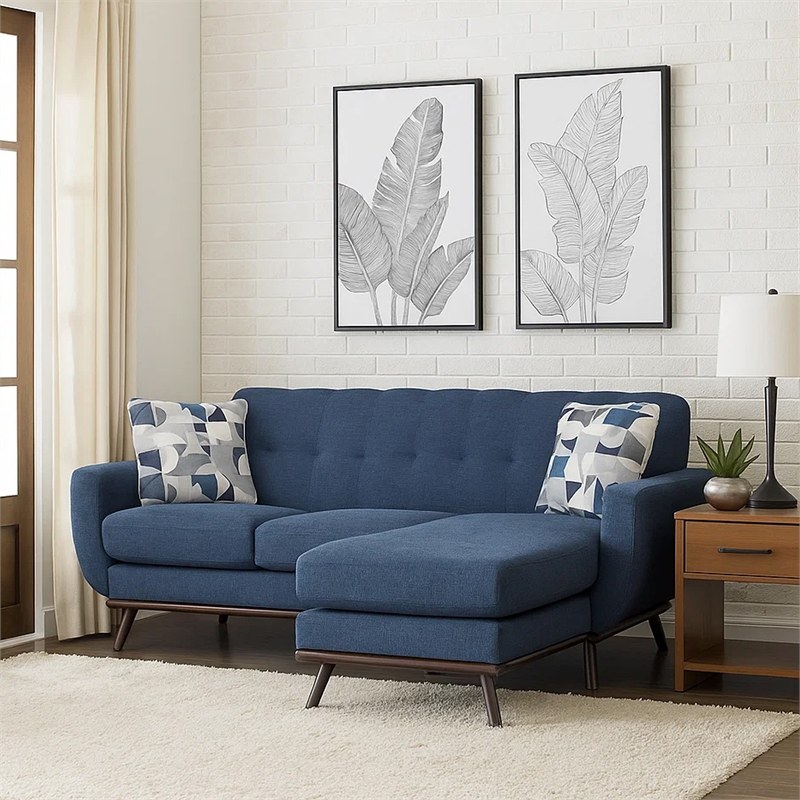 Keto 87 Inch Reversible L Shape Sofa With Chaise- 2 Pillows- Blue Chenille