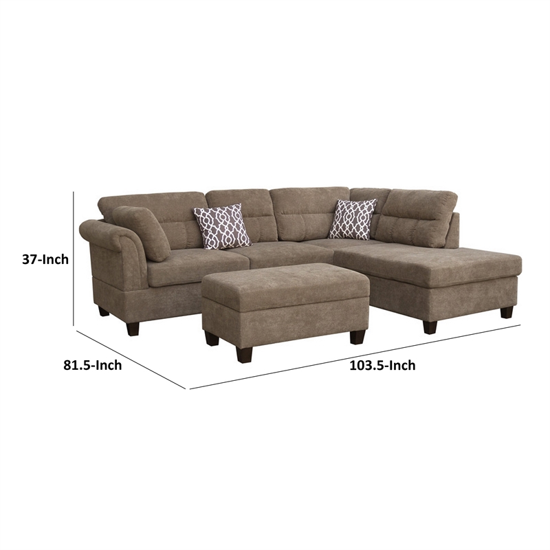 Ari 104 Inch Sectional Sofa with Chaise- Ottoman- 2 Accent Pillows- Brown