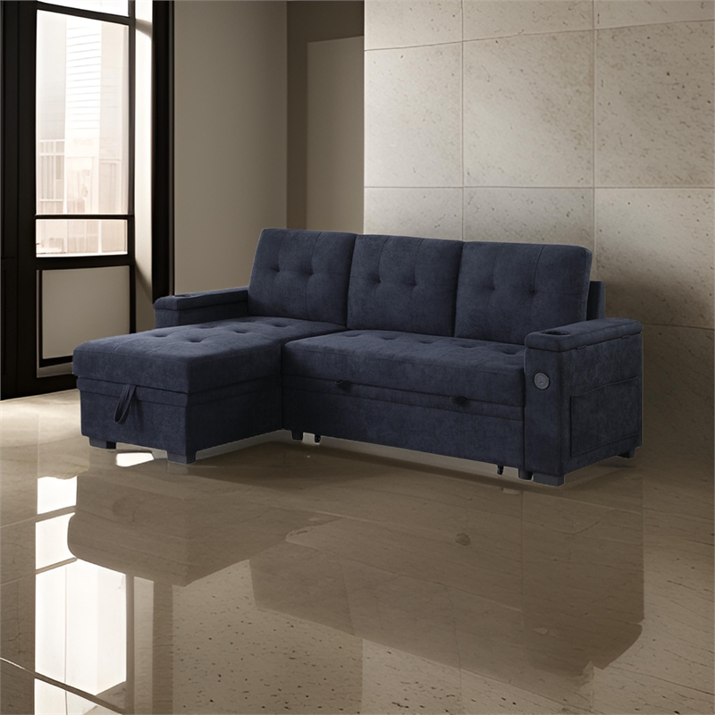 Lna 84 Inch Sectional Sofa- Pull Out Bed- Storage Chaise- USB- Dark Gray