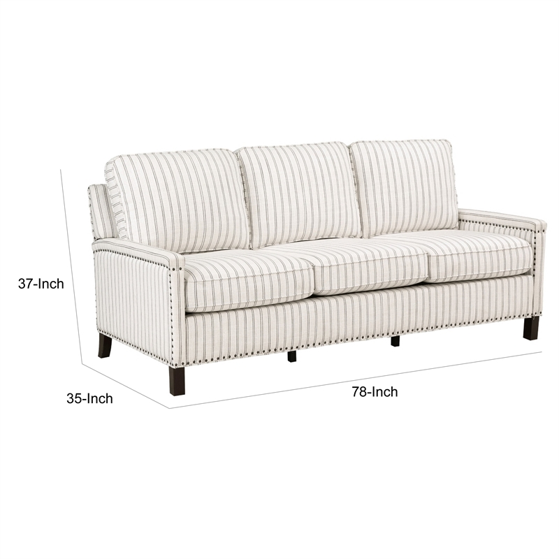 Claire 78 Inch Sofa- Beige- Gray Polyester Pinstripes- Cushions- Solid Wood