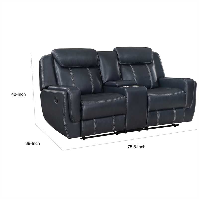 Louise 76 Inch Dual Manual Recliner Loveseat- Cupholder- Blue Faux Leather