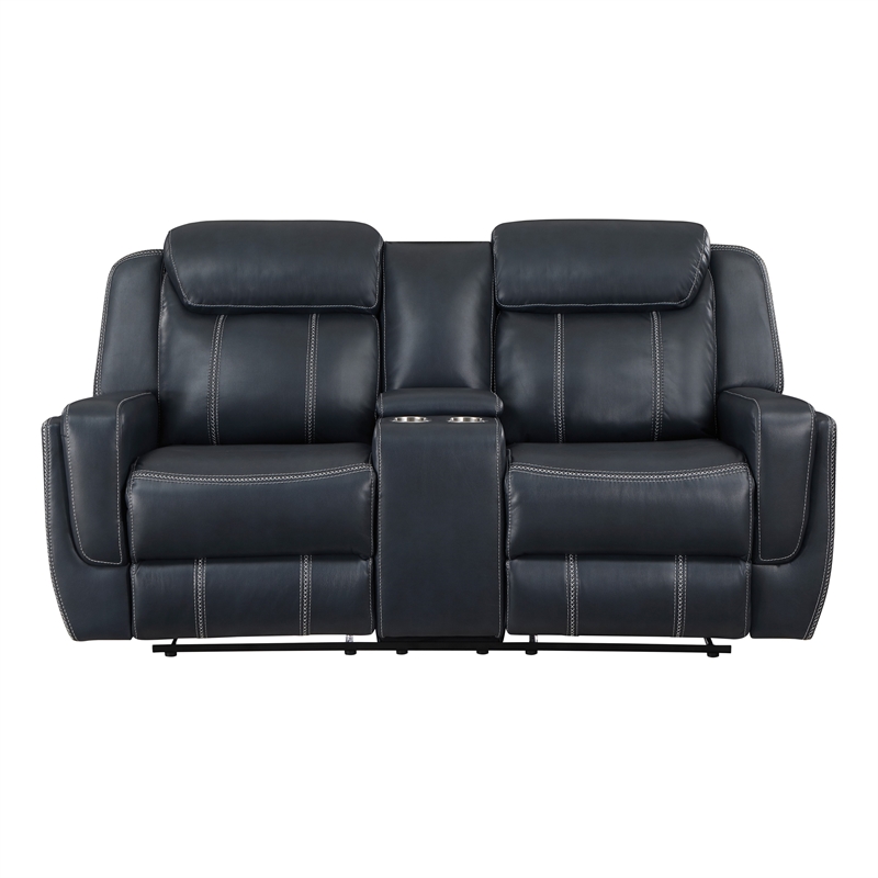 Louise 76 Inch Dual Manual Recliner Loveseat- Cupholder- Blue Faux Leather