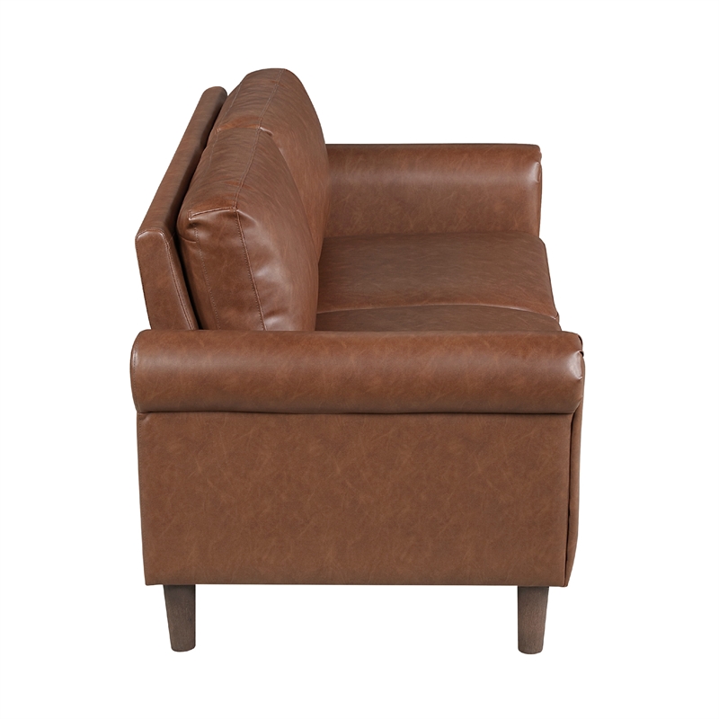 Lo Loveseat w Rolled Arms- Mid Century Dark Brown Faux Leather 57 Inch
