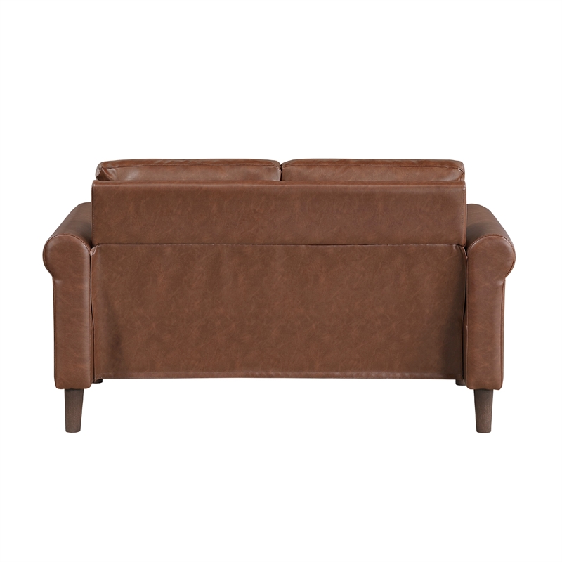 Lo Loveseat w Rolled Arms- Mid Century Dark Brown Faux Leather 57 Inch