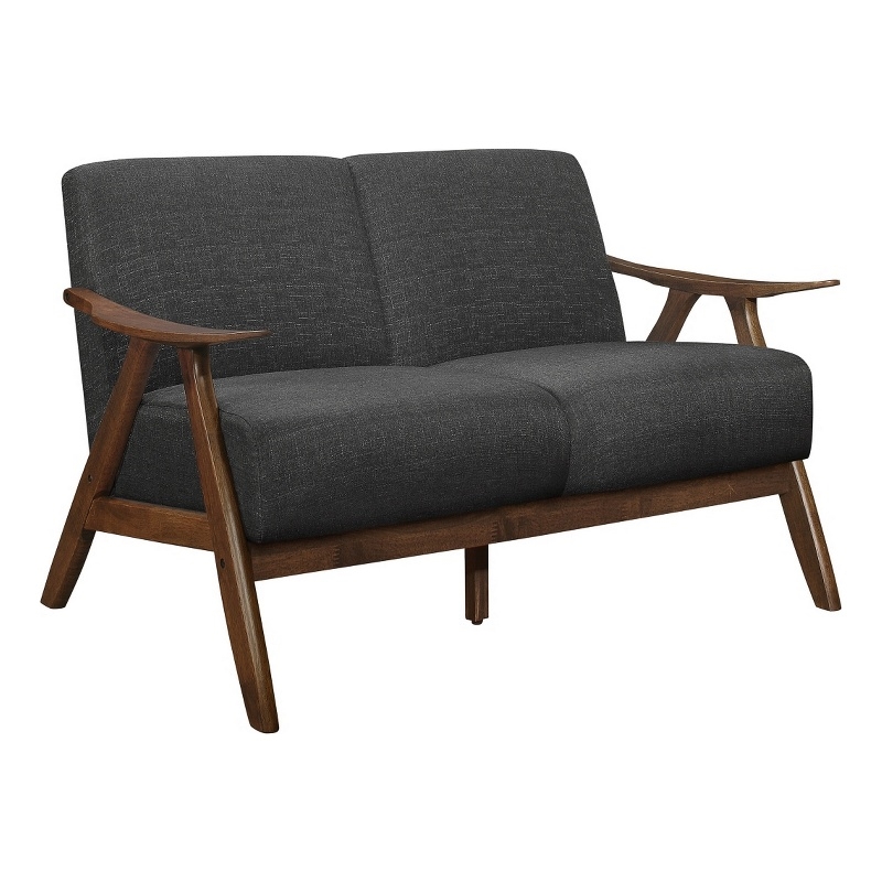 Indy 51 Inch Loveseat- Brown Rubberwood Angled Frame- Textured Gray Fabric