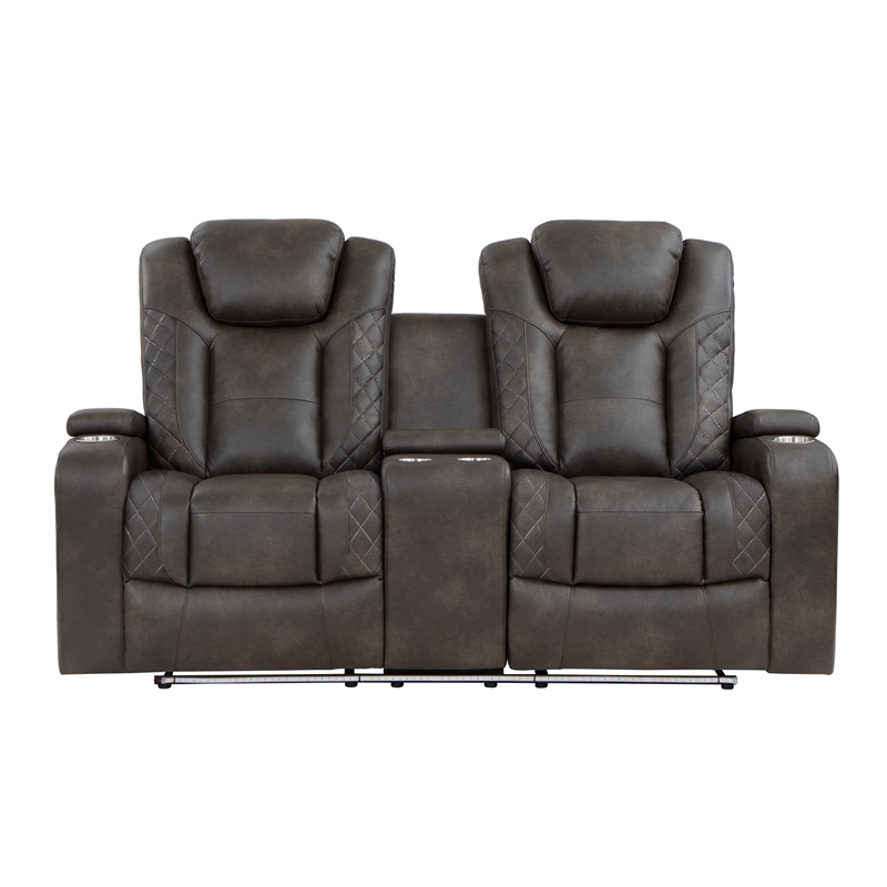Mia 72 Inch Power Double Recliner Loveseat- Gray Faux Leather- LED- USB