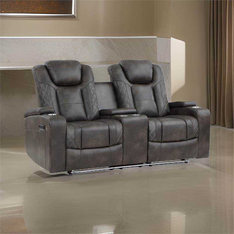 Mia 72 Inch Power Double Recliner Loveseat- Gray Faux Leather- LED- USB