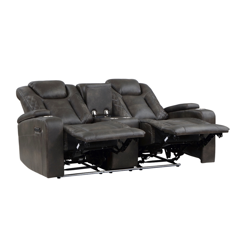 Mia 72 Inch Power Double Recliner Loveseat- Gray Faux Leather- LED- USB