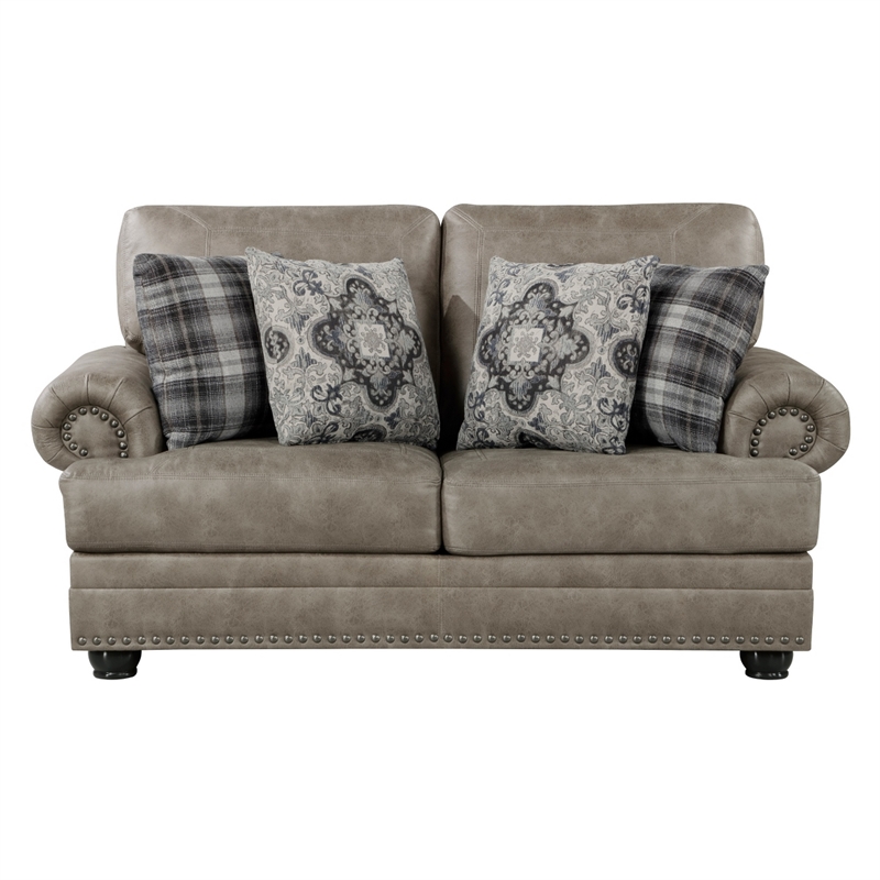 Jade 72 Inch Loveseat- Taupe Brown Microfiber- 4 Pillows- Cushioned- Wood