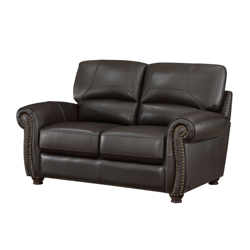 Kia 63 Inch Loveseat- Dark Brown Top Grain and Faux Leather- Solid Wood