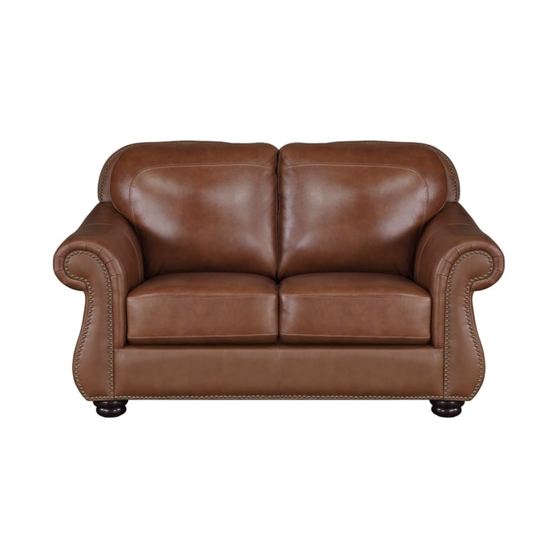Boro 64 Inch Loveseat- Rich Brown Top Grain and Faux Leather- Solid Wood