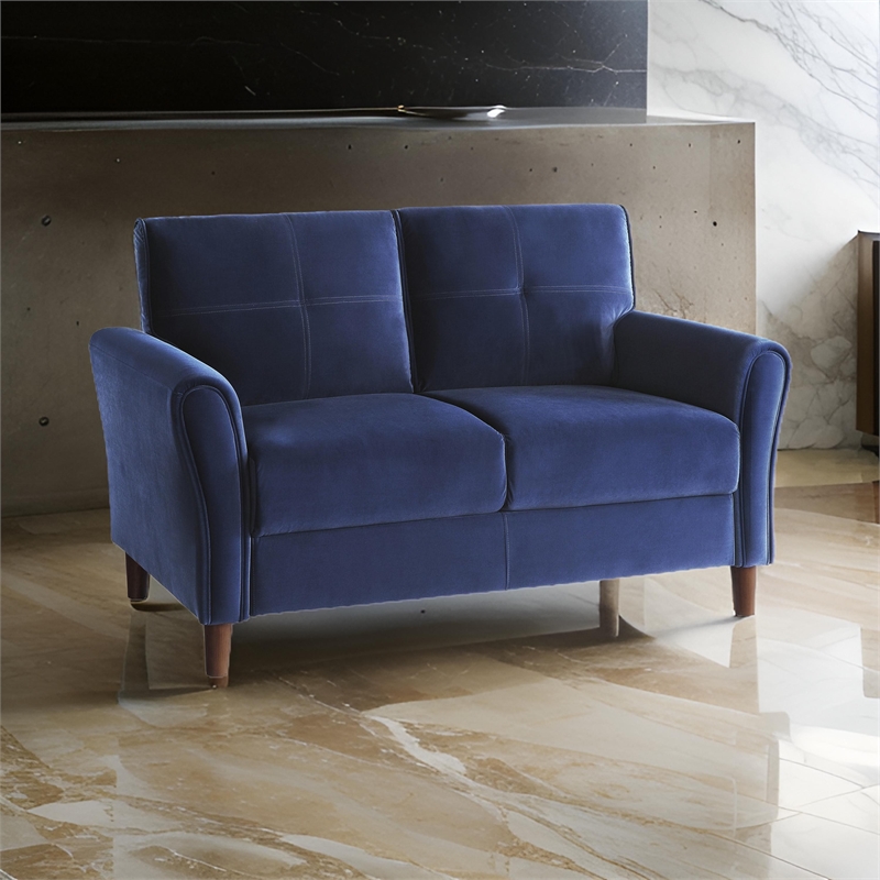 Sarah 57 Inch Loveseat- Blue Velvet- Stitch Tufting- Reversible Cushions