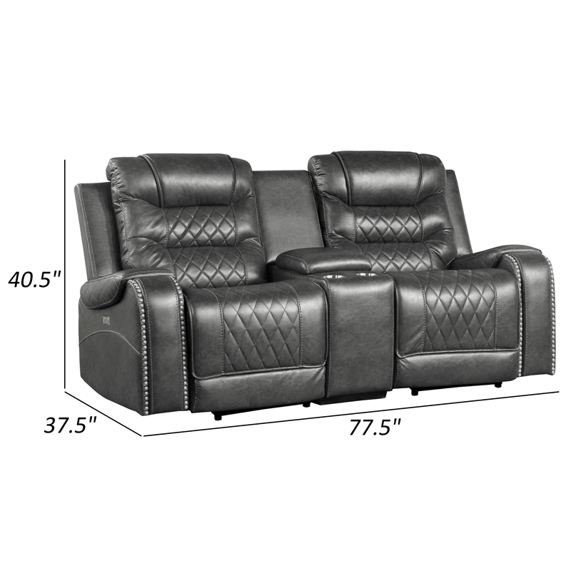 Paul 78 Inch Power Recliner Loveseat- Cupholder Console- Gray Faux Leather