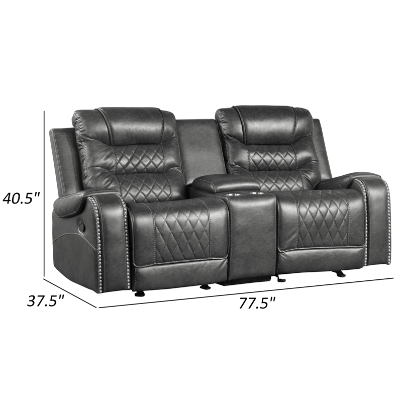 Paul 78 Inch Manual Recliner Loveseat- Cupholder Console Gray Faux Leather