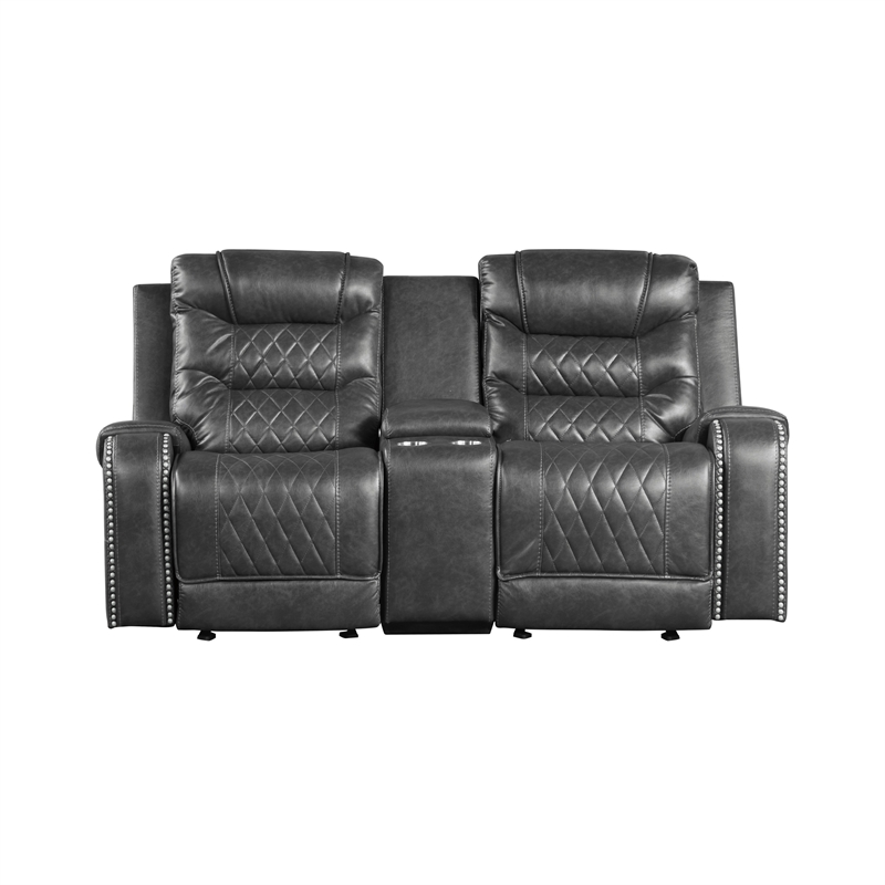 Paul 78 Inch Manual Recliner Loveseat- Cupholder Console Gray Faux Leather
