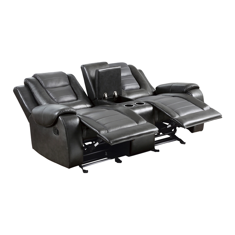 Istro 76 Inch Manual Recliner Loveseat- Cupholder Console Gray Faux Leather