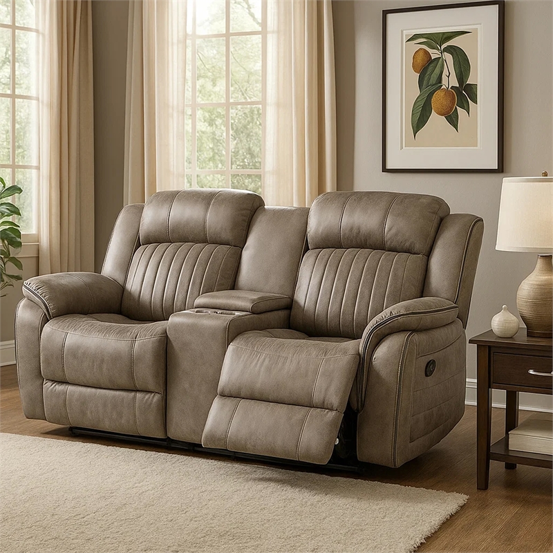 Bento 74 Inch Manual Recliner Loveseat- Console- Sandy Brown Microfiber