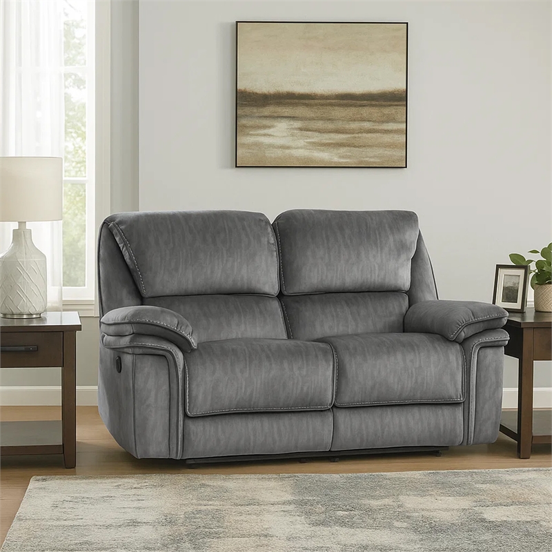 Muir 65 Inch Manual Recliner Loveseat- Tufted Gray Microfiber- Solid Wood