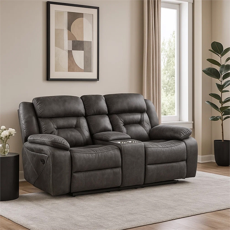 Mady 75 Inch Manual Recliner Loveseat- Center Console- Gray Microfiber