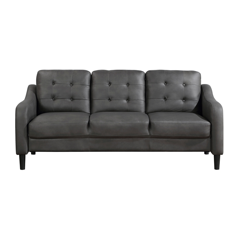 Orry 77 Inch Sofa- Button Tufted Back- Gray Microfiber- Black Solid Wood