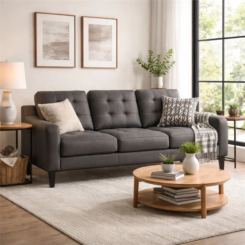 Orry 77 Inch Sofa- Button Tufted Back- Gray Microfiber- Black Solid Wood